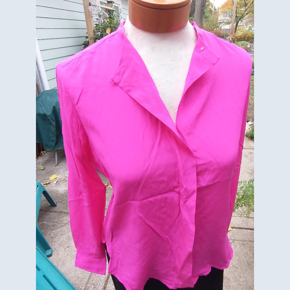 Blouse: Silk, hot pink, long sleeve. Spit neck. Loose size 6 - by Ralph Lauren